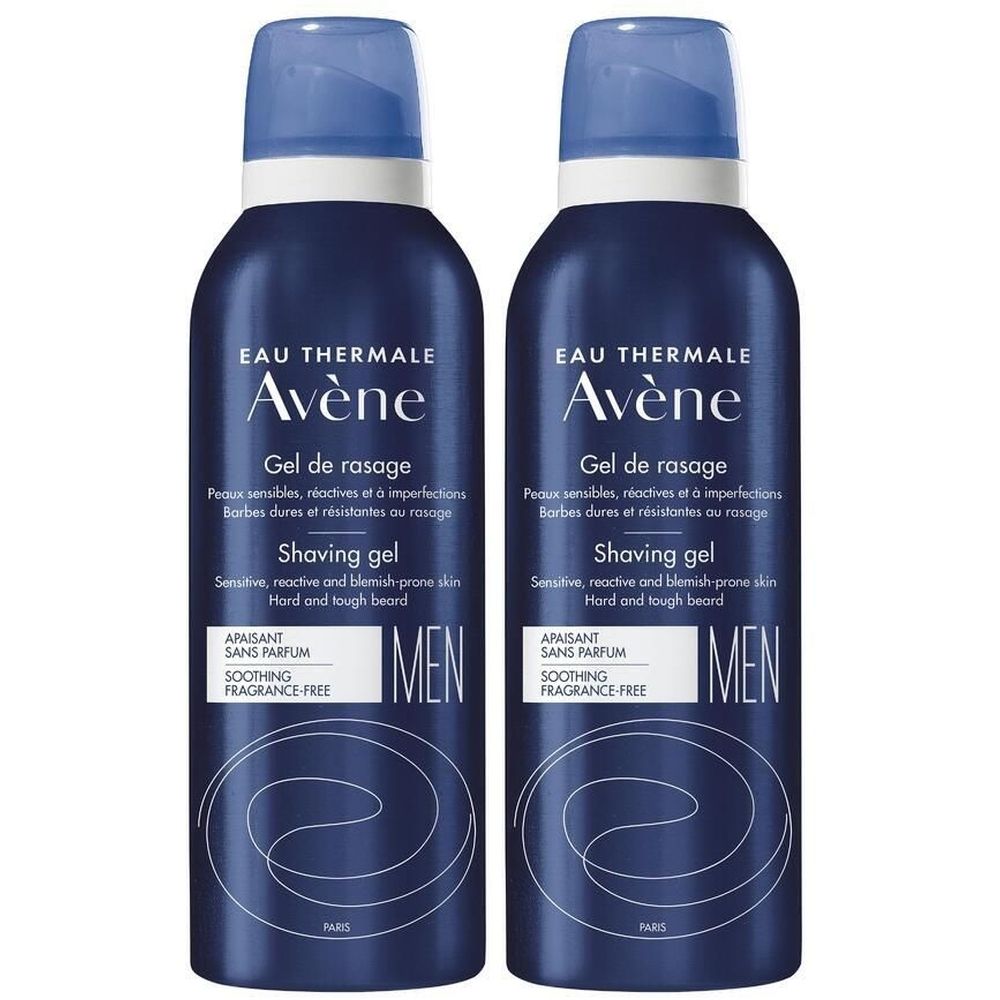 Deux flacons bleus de gel à raser Avène MEN. Inscription : Gel de rasage, Shaving gel, MEN. Sans parfum.