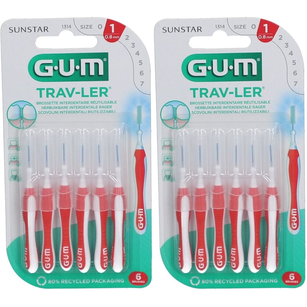 Deux paquets de brossettes interdentaires GUM Trav-Ler. Manches rouges, 0,8 mm. 6 par paquet. Emballage avec logo de recyclage.