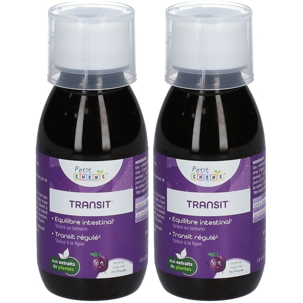 Deux flacons de liquide foncé. Étiquettes violettes avec "TRANSIT" et "Equilibre intestinal". Extraits de plantes.