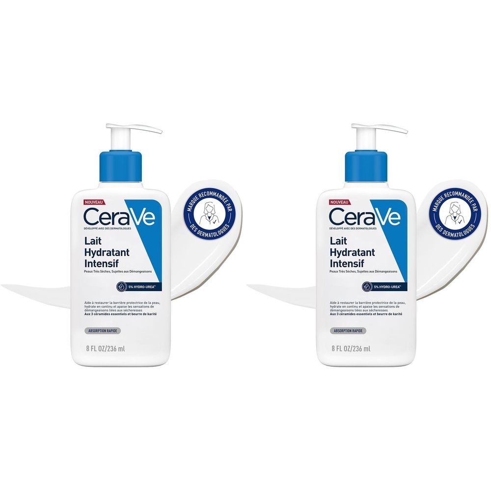Deux flacons blancs avec pompe bleue. Inscription CeraVe Lait Hydratant Intensif. Testé dermatologiquement.