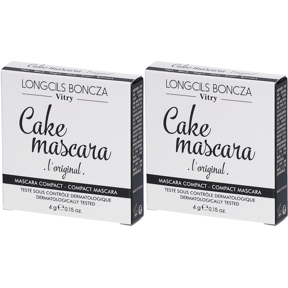 Deux boîtes carrées de mascara. Inscription : Cake mascara l'original. Marque : Vitry. Testé dermatologiquement. Contenu : 4 g.