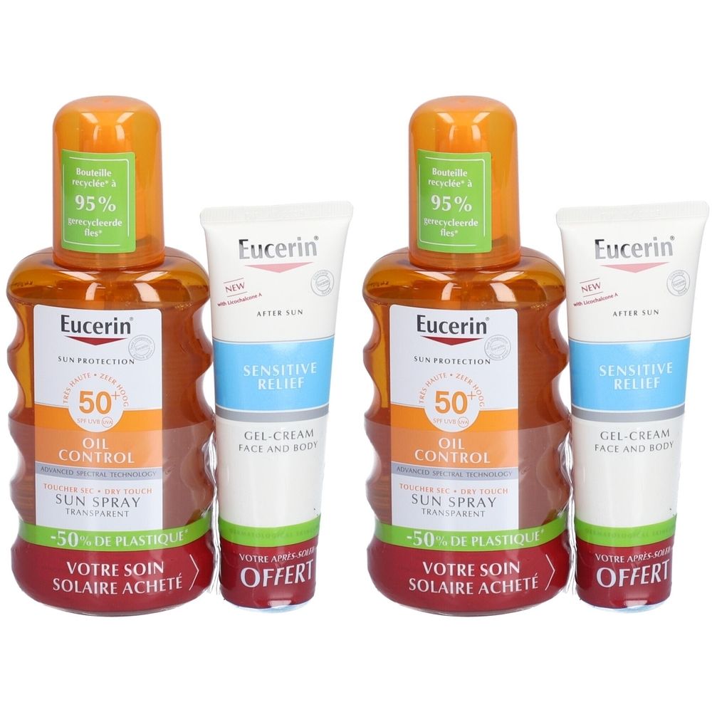 Deux flacons et deux tubes. Les flacons indiquent Eucerin Sun Spray SPF 50. Les tubes indiquent Sensitive Relief Gel-Crème.