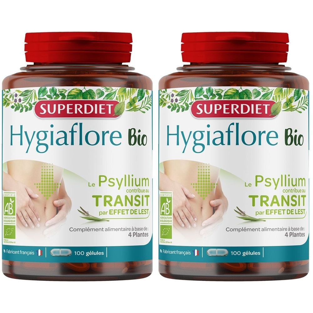 Deux flacons bruns avec bouchon rouge. Inscription: SUPERDIET Hygiaflore Bio. Contient 100 gélules. Certification AB bio.
