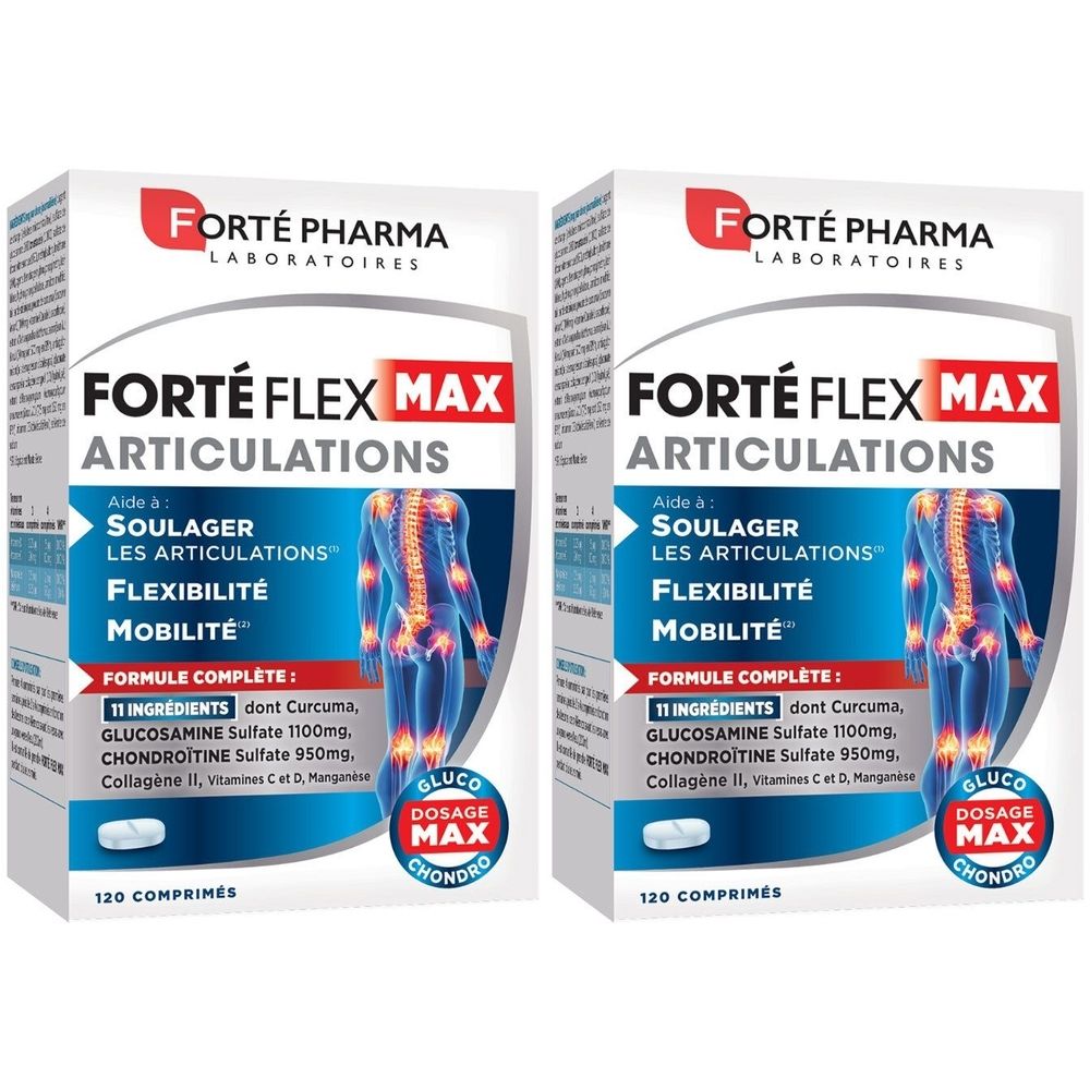 Deux boîtes de Forté Flex Max Articulations. Inscription : Flexibilité, Mobilité. Contient 120 comprimés.
