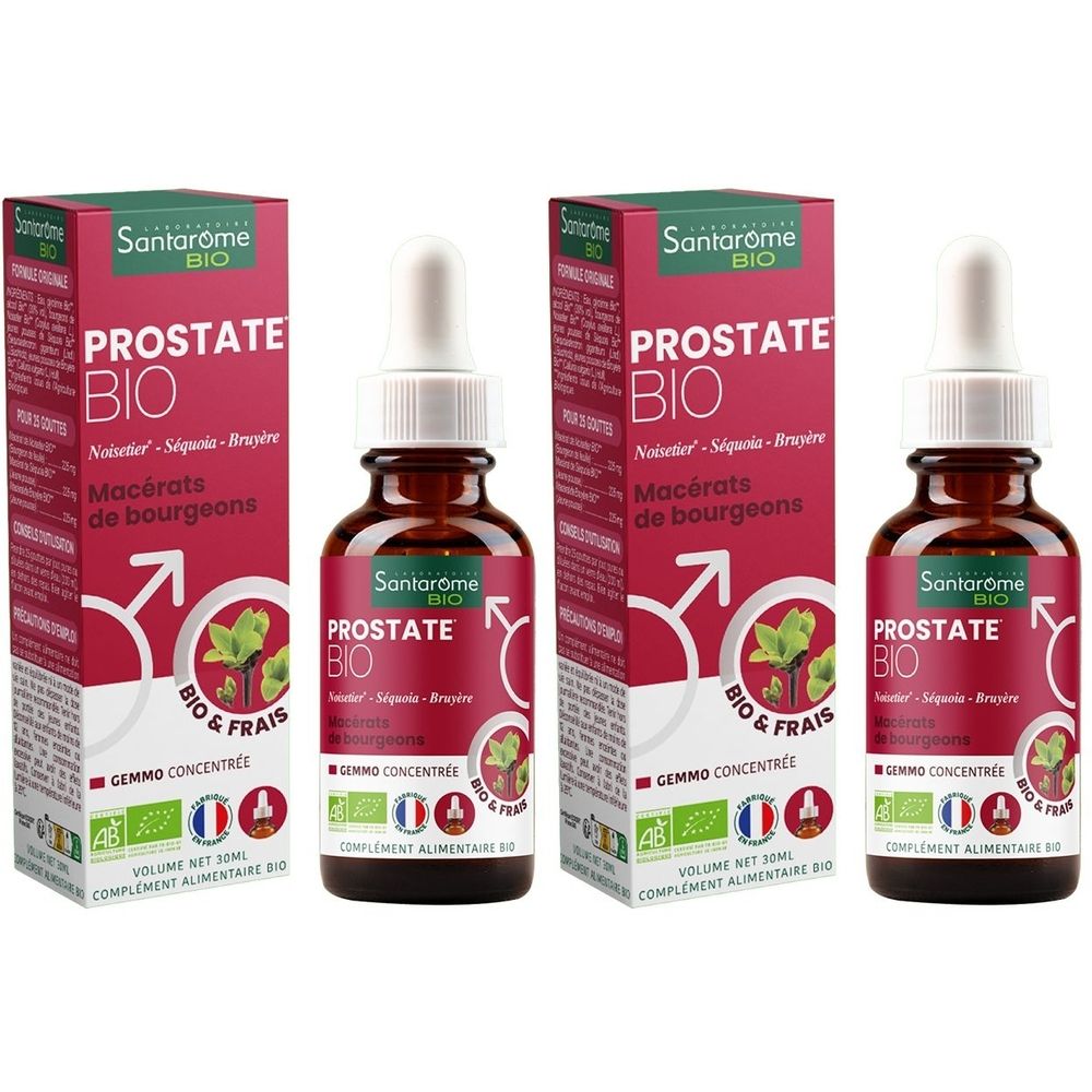 Deux flacons et deux boîtes Santarome BIO Prostate. Flacons en verre brun avec pipette. Boîtes rouges avec informations produit.