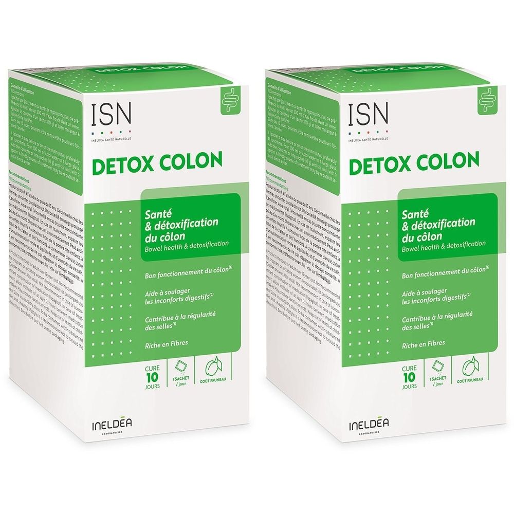 Deux boîtes blanches avec des accents verts. Inscription: DETOX COLON, Santé & détoxification du côlon. Cure de 10 jours.