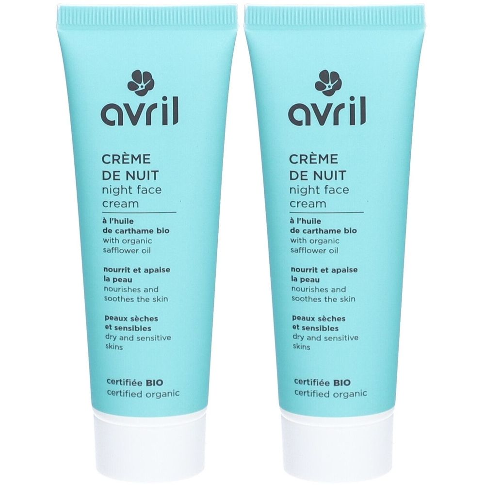Deux tubes de crème avril. Inscription : Crème de Nuit, crème de nuit. Certifié BIO.