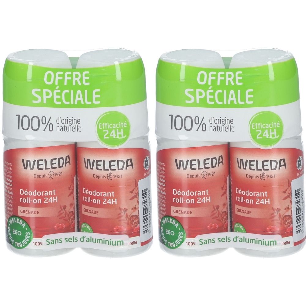 Deux packs de déodorant roll-on WELEDA. Chaque pack contient deux flacons. Inscriptions : "OFFRE SPÉCIALE", "100% d'origine naturelle", "Efficacité 24H".