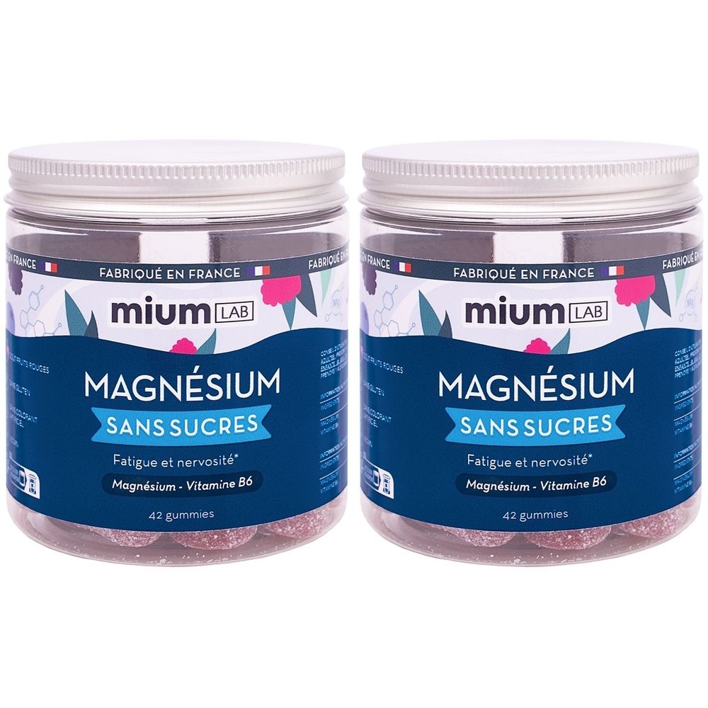 Deux pots transparents avec couvercles blancs. Inscription: Mium Lab Magnésium Sans Sucres. Contient 42 gummies.