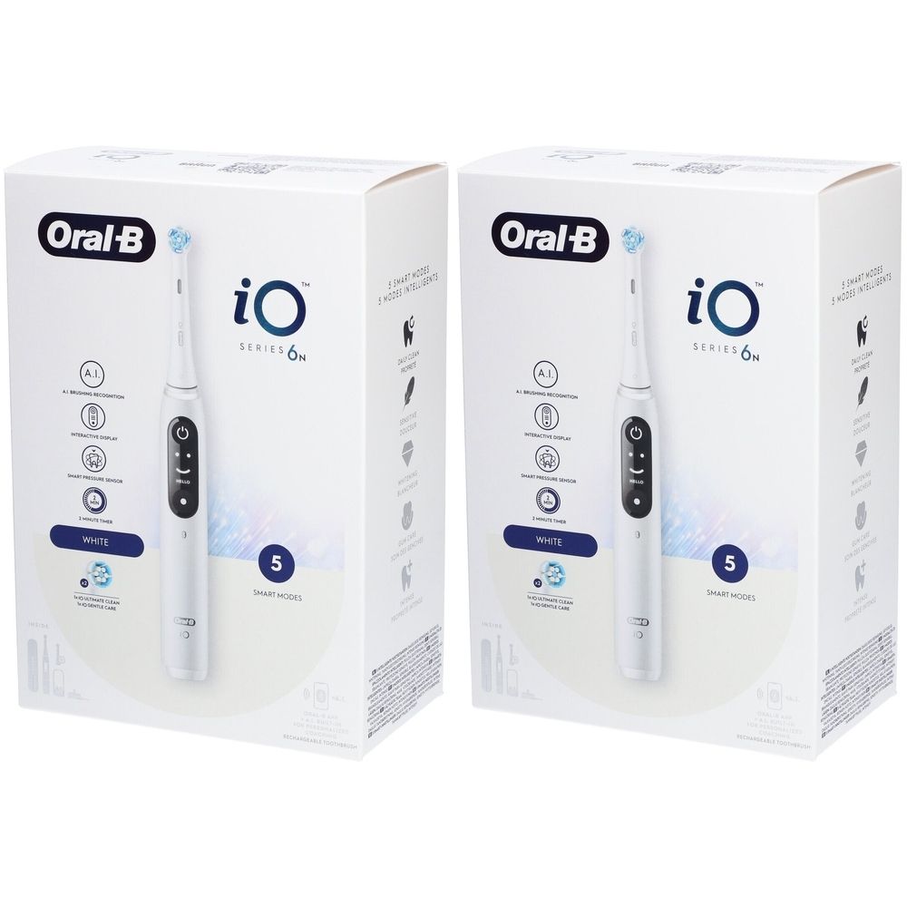 Deux boîtes blanches avec une brosse à dents électrique. Le nom "Oral-B iO Series 6N" est visible sur l'emballage.