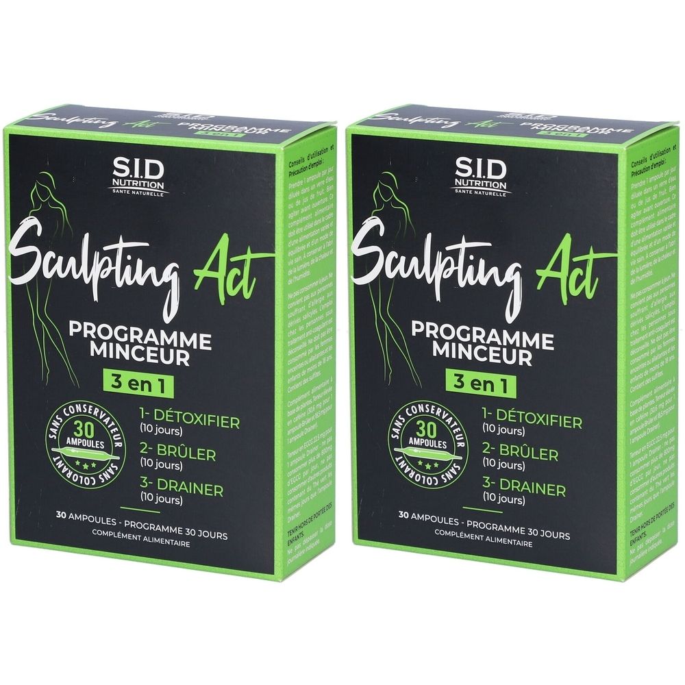Deux boîtes vertes "Sculpting Act" et "3 en 1". Contient 30 ampoules. Ingrédients: Détoxifier, brûler, drainer.