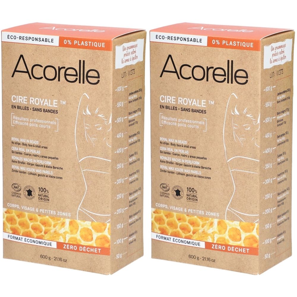Deux boîtes de cire Acorelle Cire Royale en billes. Inscription: 100% origine naturelle. Format économique, zéro déchet.