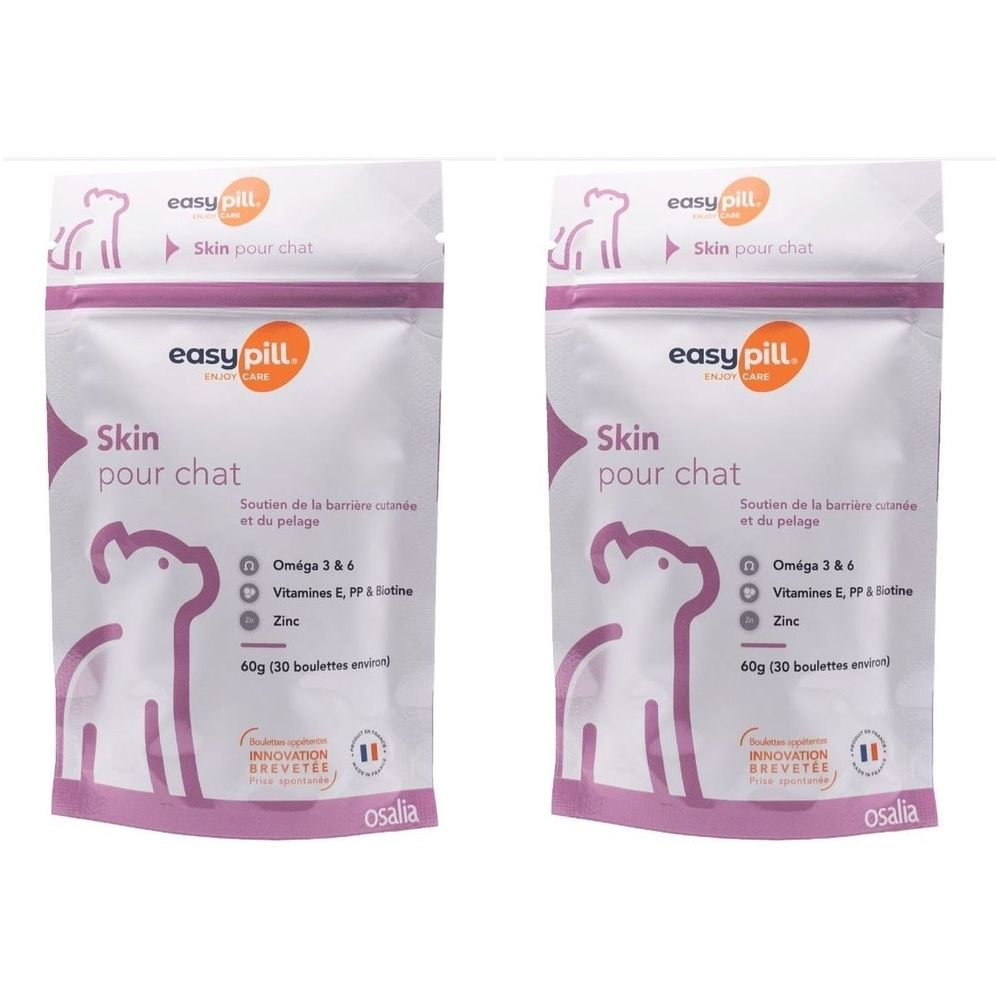 Deux sachets de produit pour la peau des chats. Inscription: easy pill, Skin pour chat. Contient Oméga 3&6, Vitamines E, PP & Zinc.