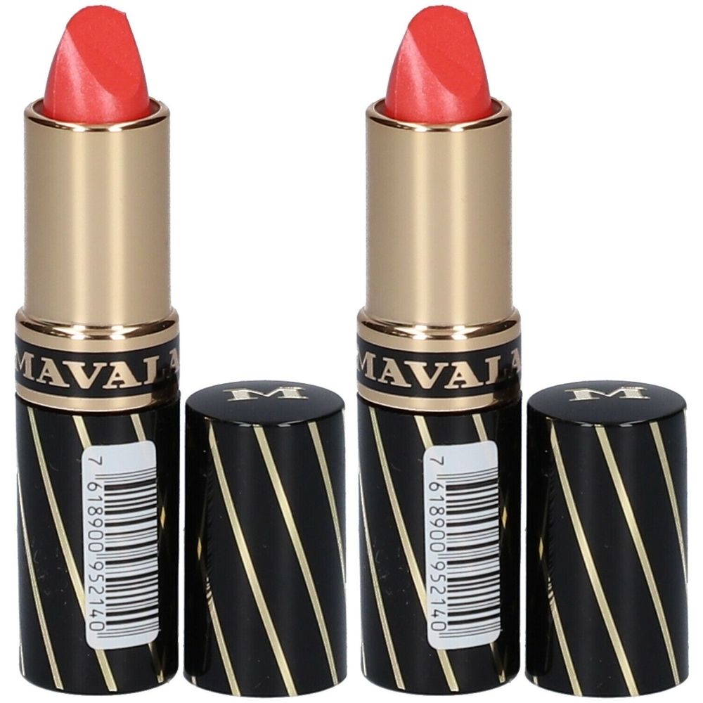 Deux rouges à lèvres ouverts. Étui noir à rayures dorées, corps doré. Rouge à lèvres rouge.