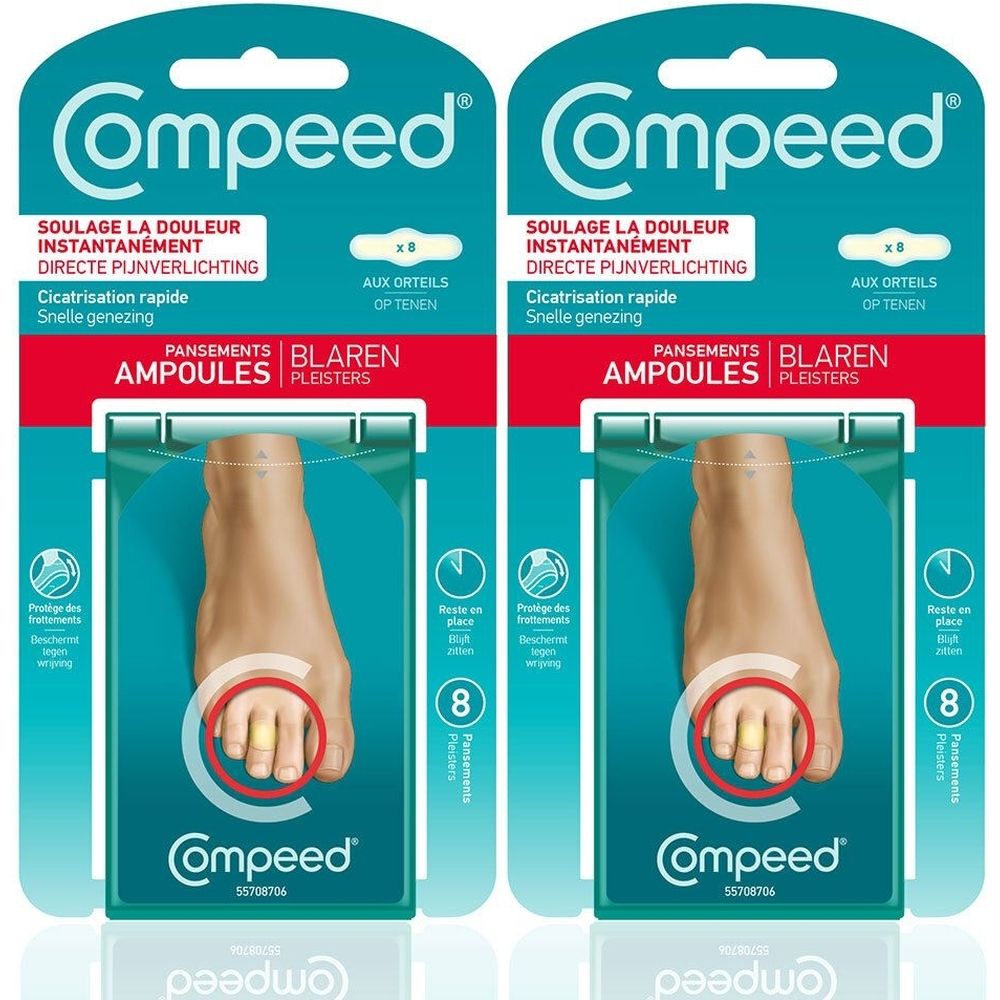 Deux paquets de pansements Compeed® pour ampoules aux orteils. Inscriptions : soulagement de la douleur, cicatrisation rapide. Pied avec pansement.