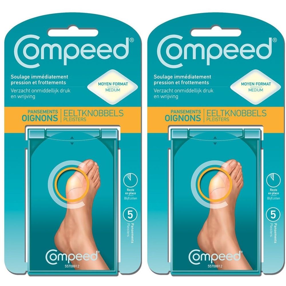 Deux paquets de pansements Compeed pour oignons, format moyen. Emballage turquoise et jaune avec image de pied et nom du produit.
