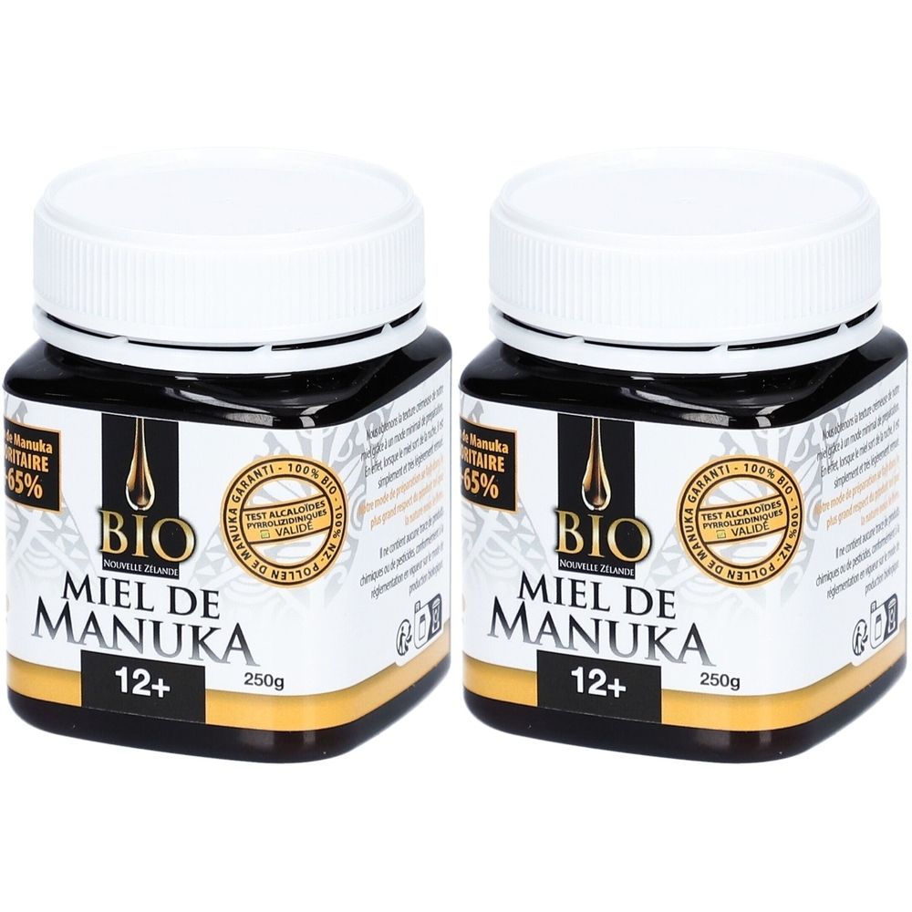 Deux pots de miel. Inscription: BIO Miel de Manuka 12+. Avec certifications et 250g.