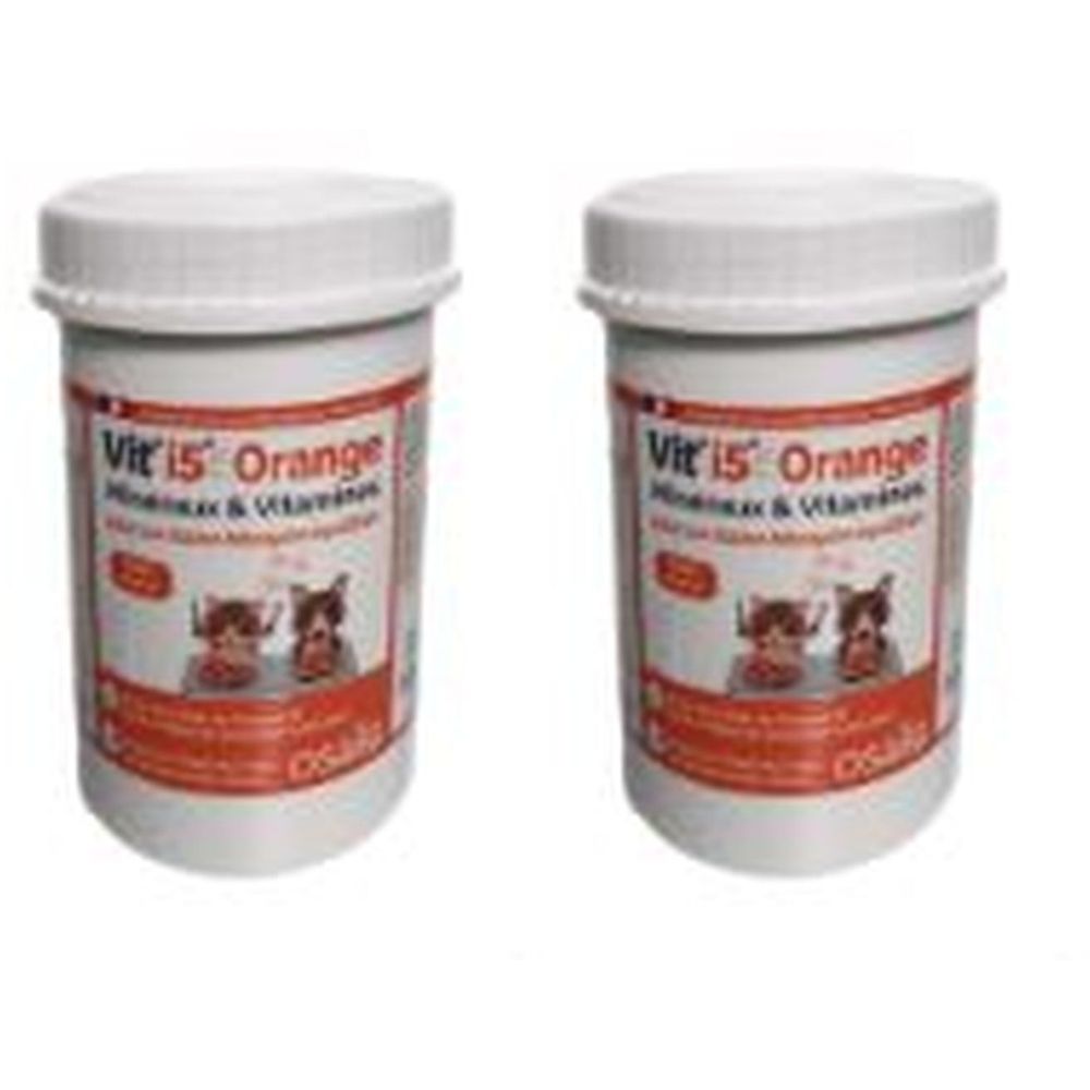 Deux pots blancs avec couvercles. L'étiquette indique "Vit'i5 Orange".