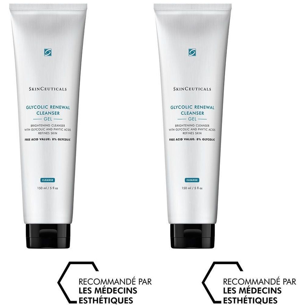 Deux tubes blancs. Sur chacun, "SKINCEUTICALS GLYCOLIC RENEWAL CLEANSER GEL". En dessous, "RECOMMANDÉ PAR LES MÉDECINS ESTHÉTIQUES".