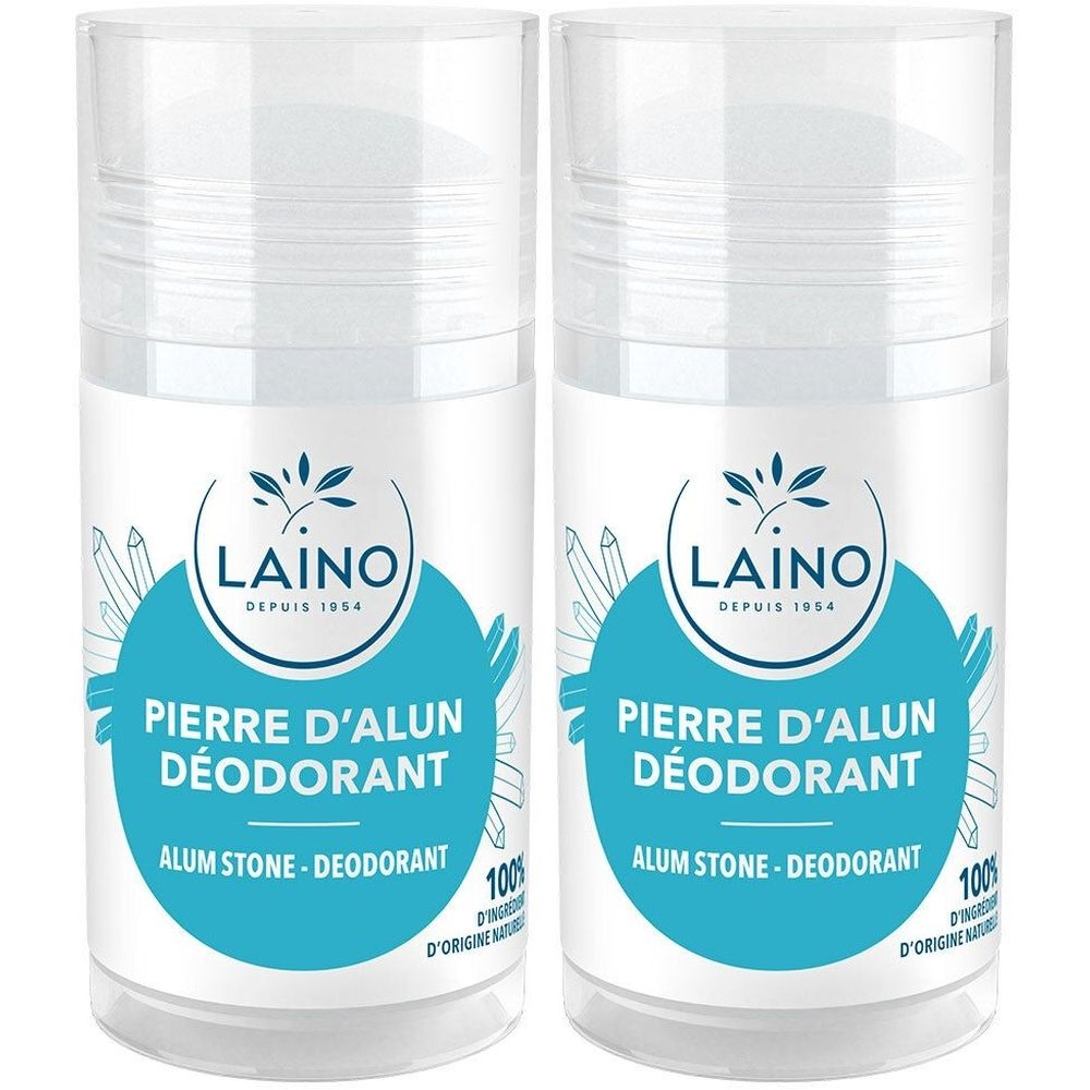 Deux déodorants roll-on. Inscription : LAINO, Pierre d'Alun Déodorant, Alum Stone - Déodorant. Emballage bleu et blanc.