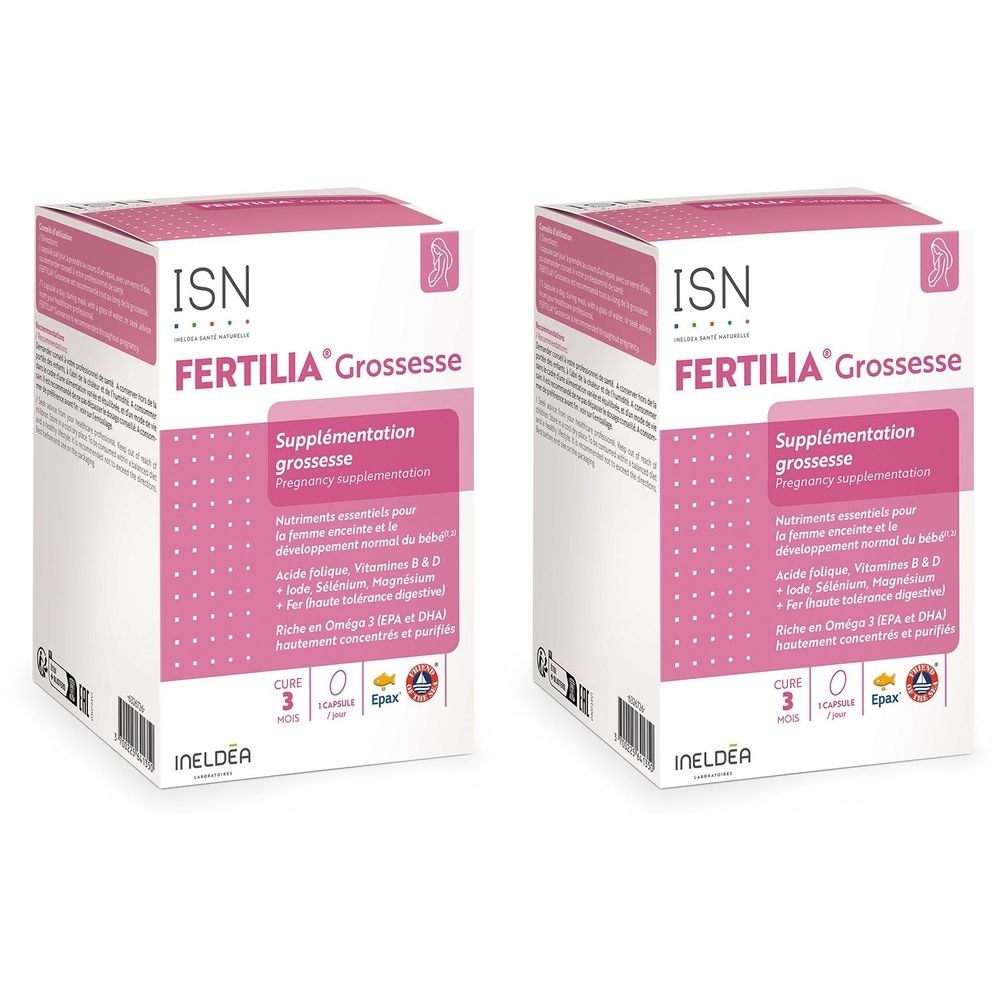 Deux boîtes rectangulaires, design rose et blanc. Inscription : FERTILIA Grossesse, logo ISN, supplémentation grossesse.