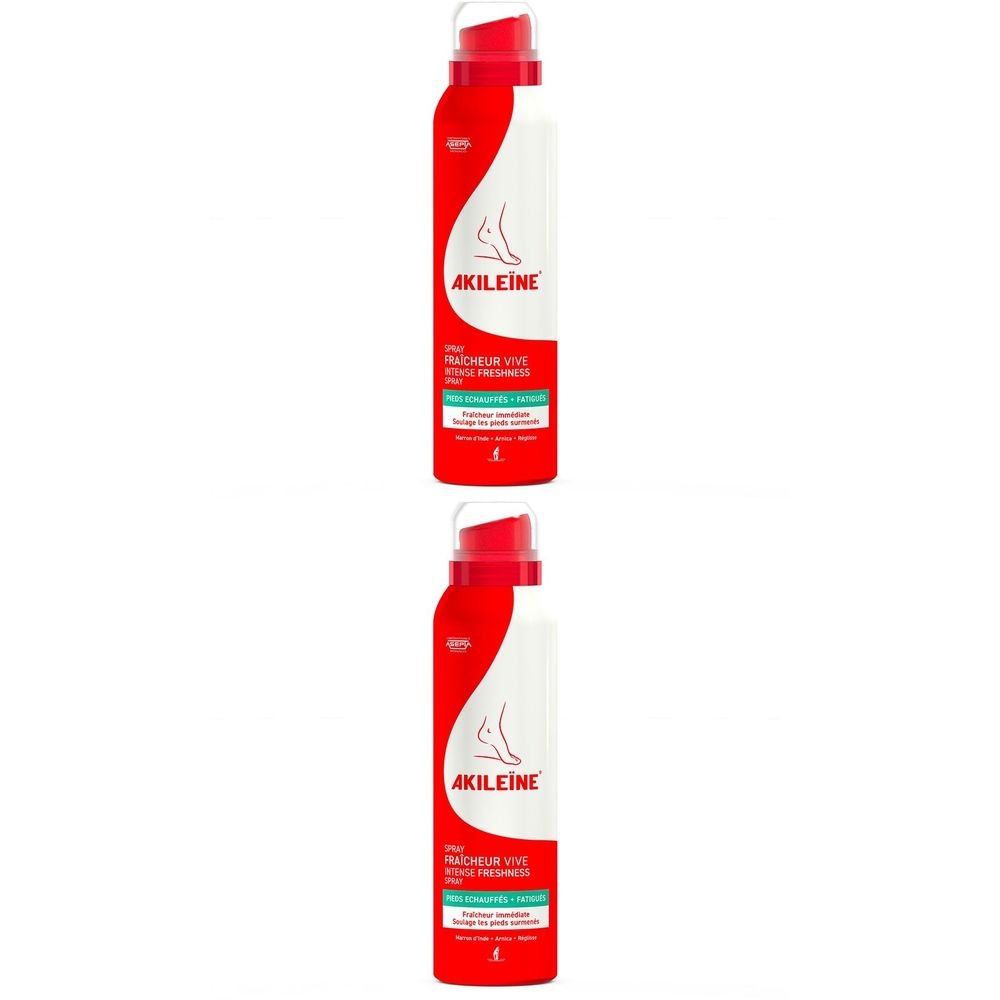 Deux sprays rouges avec étiquette blanche. Inscription: Akileïne, fraîcheur vive pieds fatigués et échauffés.