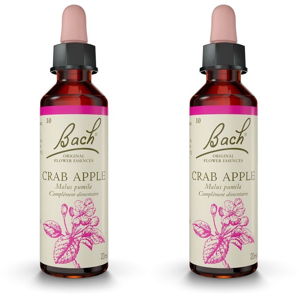 Deux flacons avec étiquette rose. Inscription : Bach Original Flower Essences Crab Apple. Avec compte-gouttes.