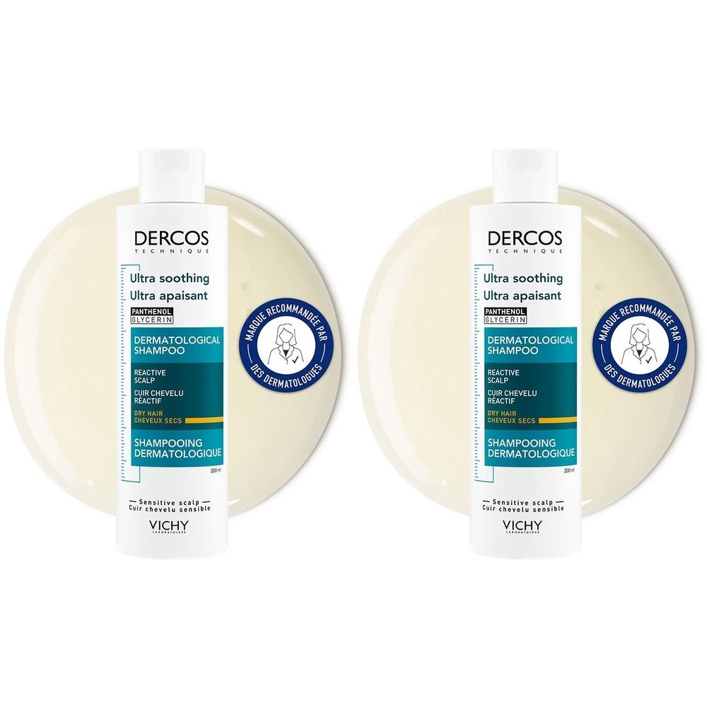 Deux flacons de shampooing Dercos. Inscription : Ultra soothing, Ultra apaisant, Shampooing dermatologique. Recommandé par les dermatologues.