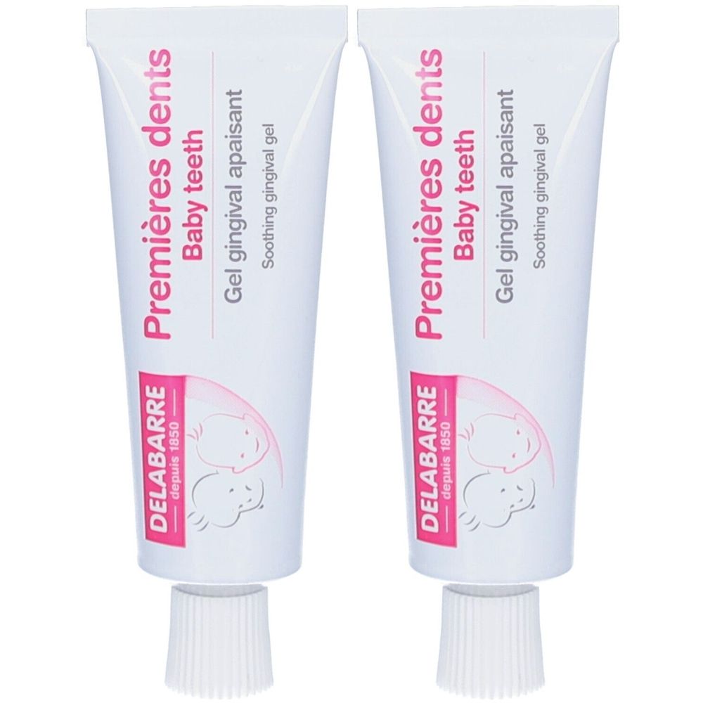 Deux tubes de gel pour les premières dents. Inscription : Premières dents, Baby teeth, Gel gingival apaisant. Marque : DELABARRE.