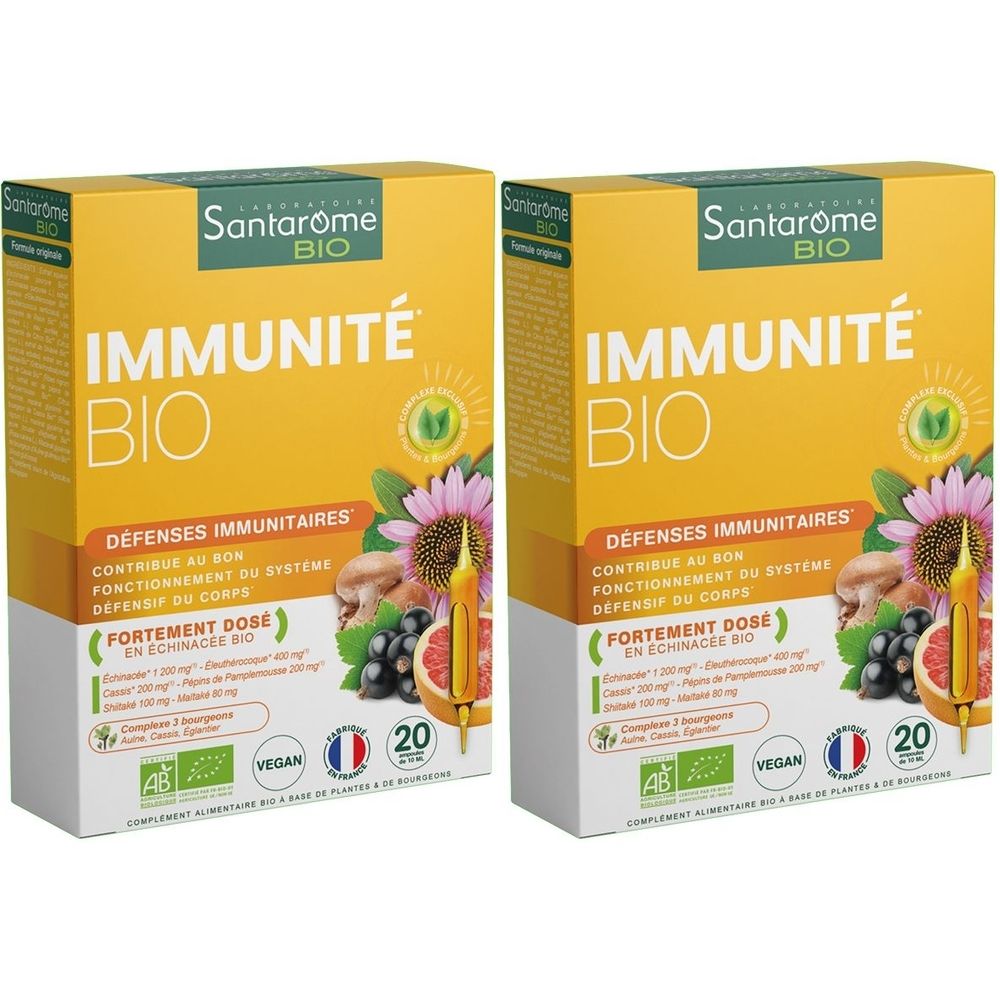 Deux boîtes jaunes "IMMUNITÉ BIO". Contient 20 gélules. Logo et texte en français. Mention "Défenses immunitaires".