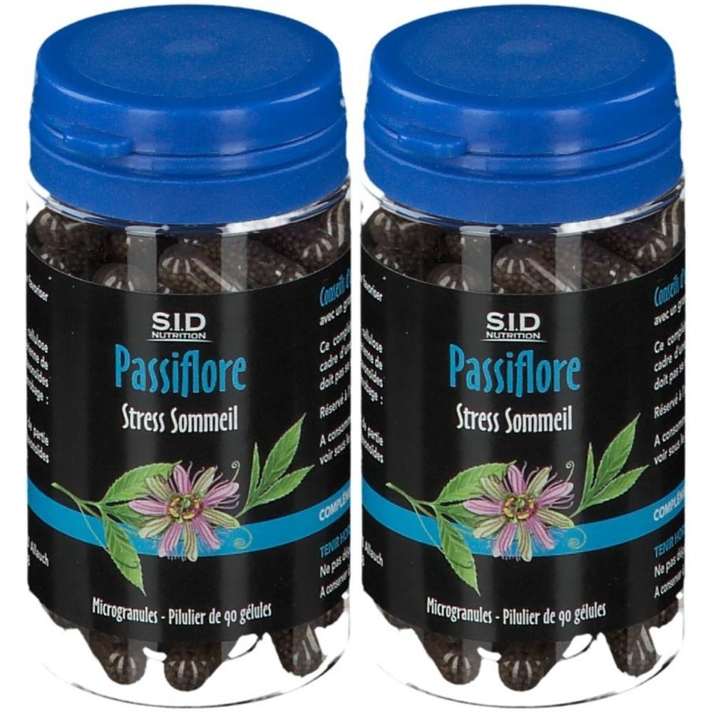Deux flacons transparents avec couvercles bleus. Étiquettes avec "Passiflore Stress Sommeil" de SID Nutrition. Contient des gélules.