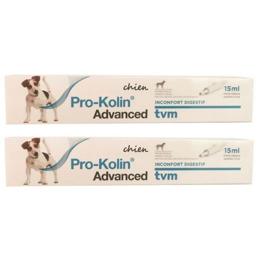 Deux tubes de Pro-Kolin Advanced Chien. Emballage blanc avec nom du produit, chien et indication 15ml. Texte: Inconfort digestif.