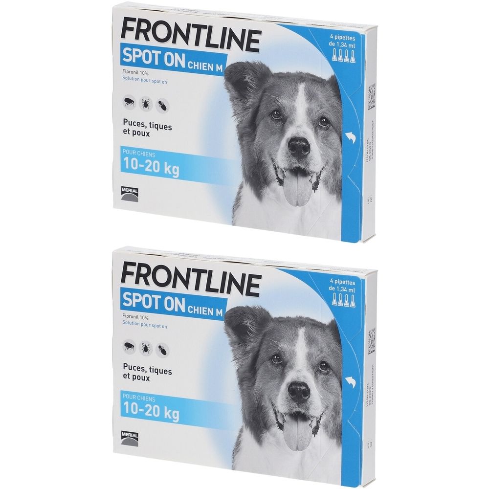 Boîtes de produit pour chiens. Inscription: FRONTLINE SPOT ON CHIEN M. Contre puces, tiques et poux. Pour chiens de 10-20 kg.
