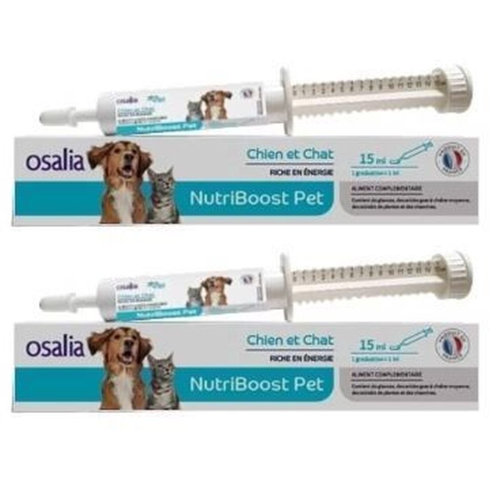 Deux seringues avec échelle de dosage et emballage. Sur l'emballage: marque Osalia, NutriBoost Pet, Chien et Chat, 15 ml.