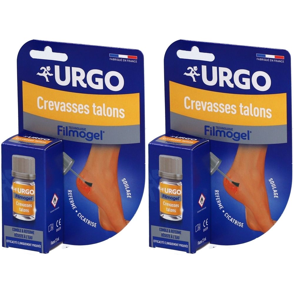 Deux emballages URGO Filmogel pour crevasses talons. Emballage bleu avec accent jaune. Nom du produit et logo visibles.