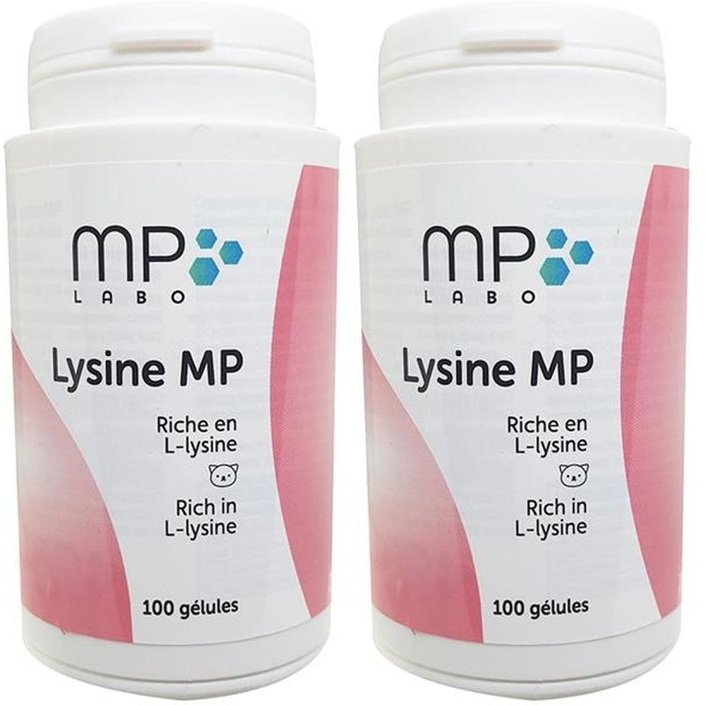 Deux flacons blancs avec l'inscription "MP LABO Lysine MP". Inscription "Riche en L-lysine" et "100 gélules".