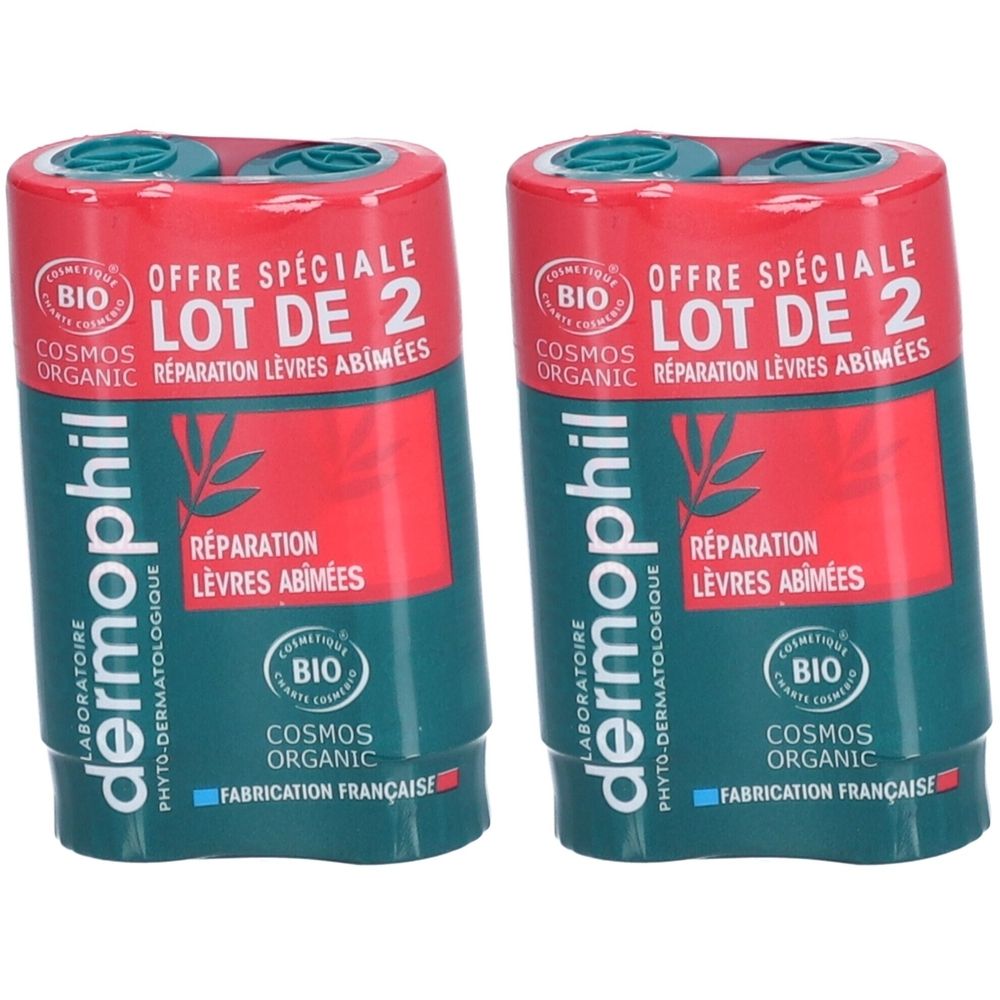 Deux sticks de réparation lèvres. Inscription "Offre spéciale Lot de 2". Certifié Bio. Inscription "Réparation Lèvres Abîmées". Fabrication française.