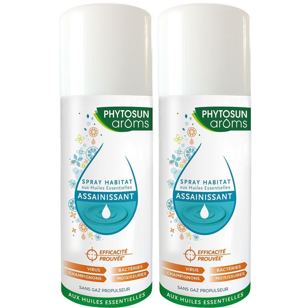 Deux flacons spray blancs avec étiquettes vertes et bleues. Inscription: PHYTOSUN arôms, Spray Habitat, Assainissant. Efficacité contre virus, bactéries, champignons.