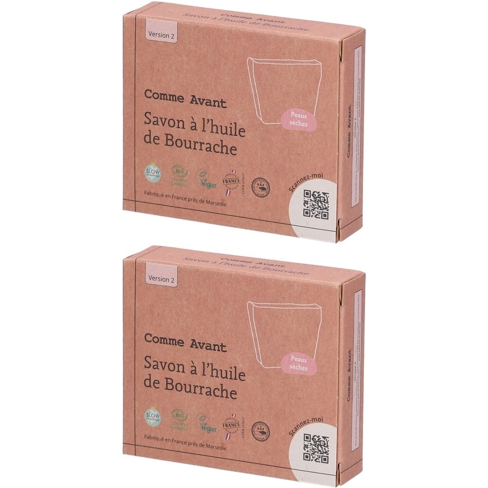 Deux boîtes rectangulaires. Inscription: Comme Avant Savon à l'huile de Bourrache. Logos et code QR.