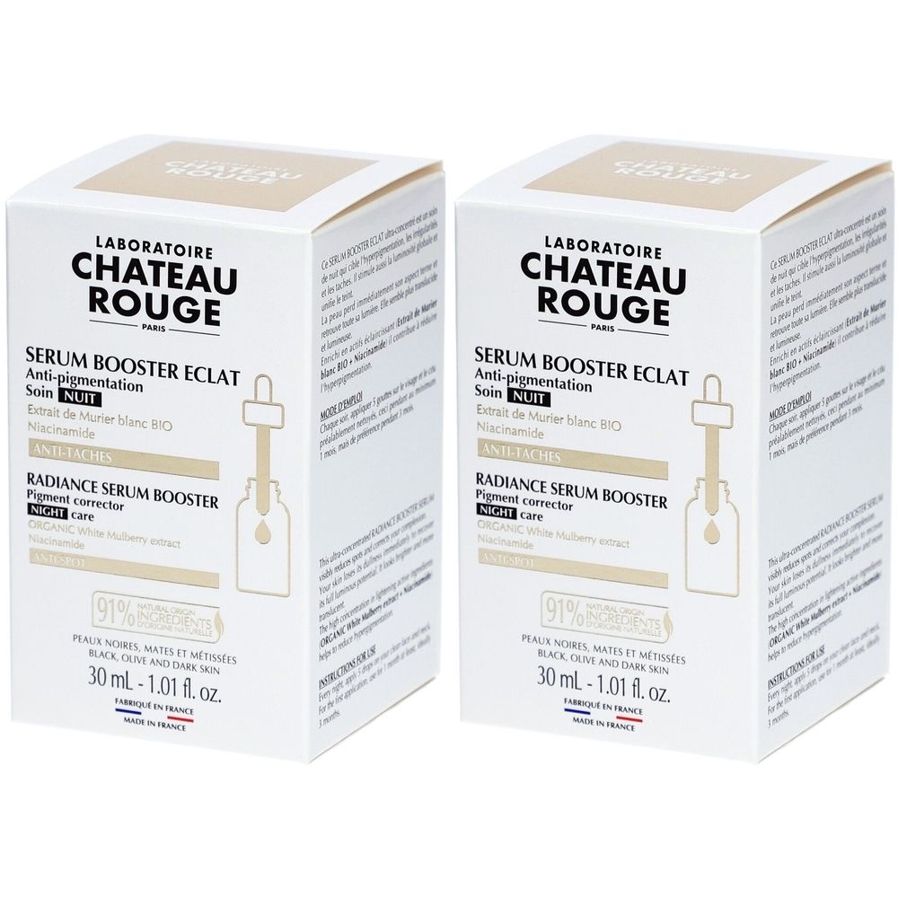 Deux boîtes carrées avec informations produit. Inscription: LABORATOIRE CHATEAU ROUGE, SERUM BOOSTER ECLAT, Anti-pigmentation. Symbole pipette.