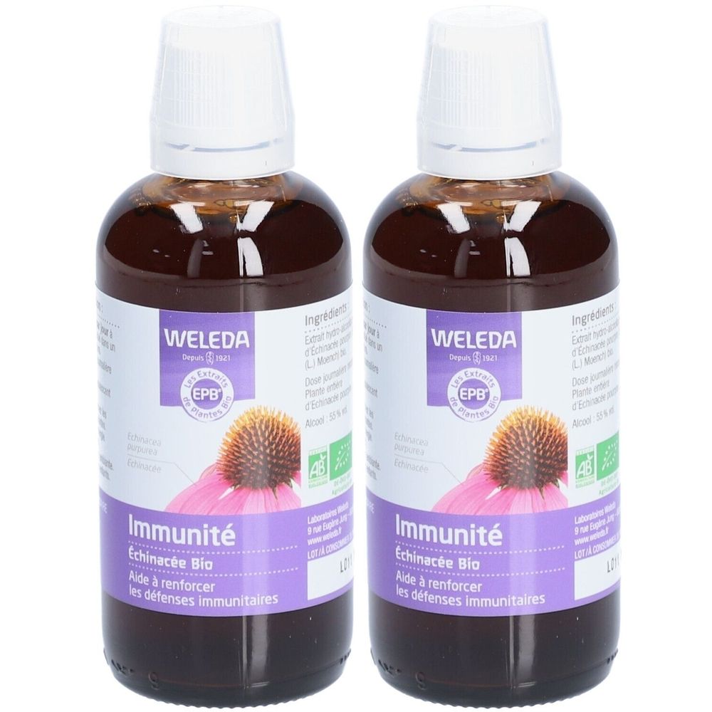 Deux flacons de liquide brun. Étiquettes avec "WELEDA Immunité Echinacée Bio".