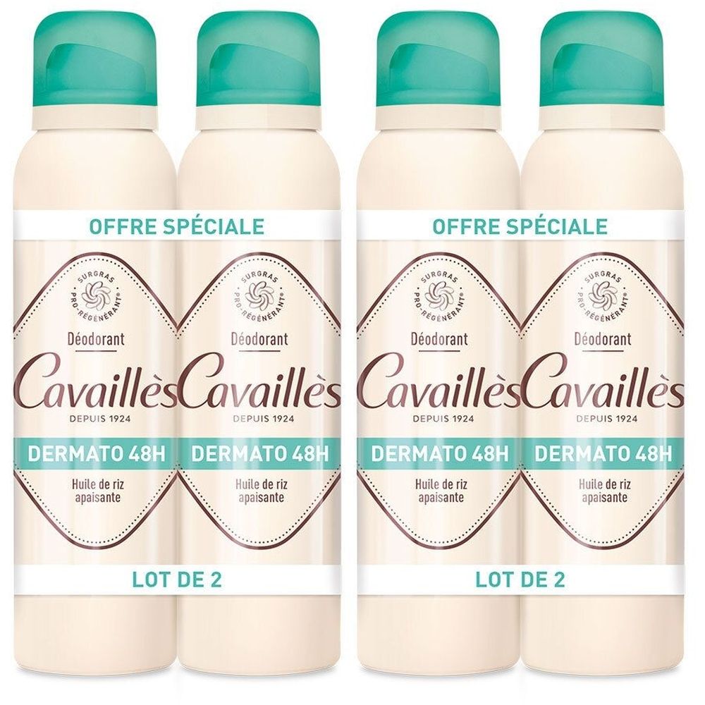 Quatre sprays déodorants. Flacons crème avec bouchons turquoise. Inscription : Cavaillès, Dermato 48H, LOT DE 2.