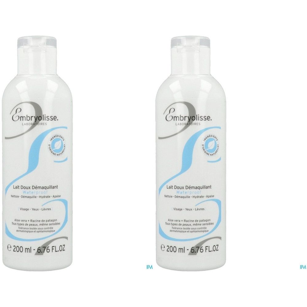 Deux flacons blancs avec design bleu et texte. Inscription: Embryolisse, Lait Doux Démaquillant. Contenance: 200 ml.
