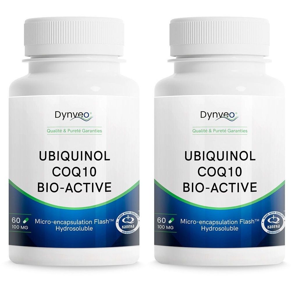 Deux flacons blancs avec bouchon à vis. Inscription: UBIQUINOL COQ10 BIO-ACTIVE. Marque: Dynveo. 60 gélules, 100 MG.