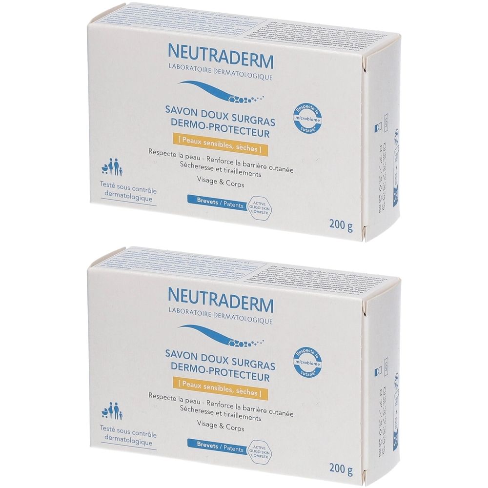 Deux boîtes blanches de Savon Doux Surgras Dermo-Protecteur NEUTRADERM. Inscription : 200 g.