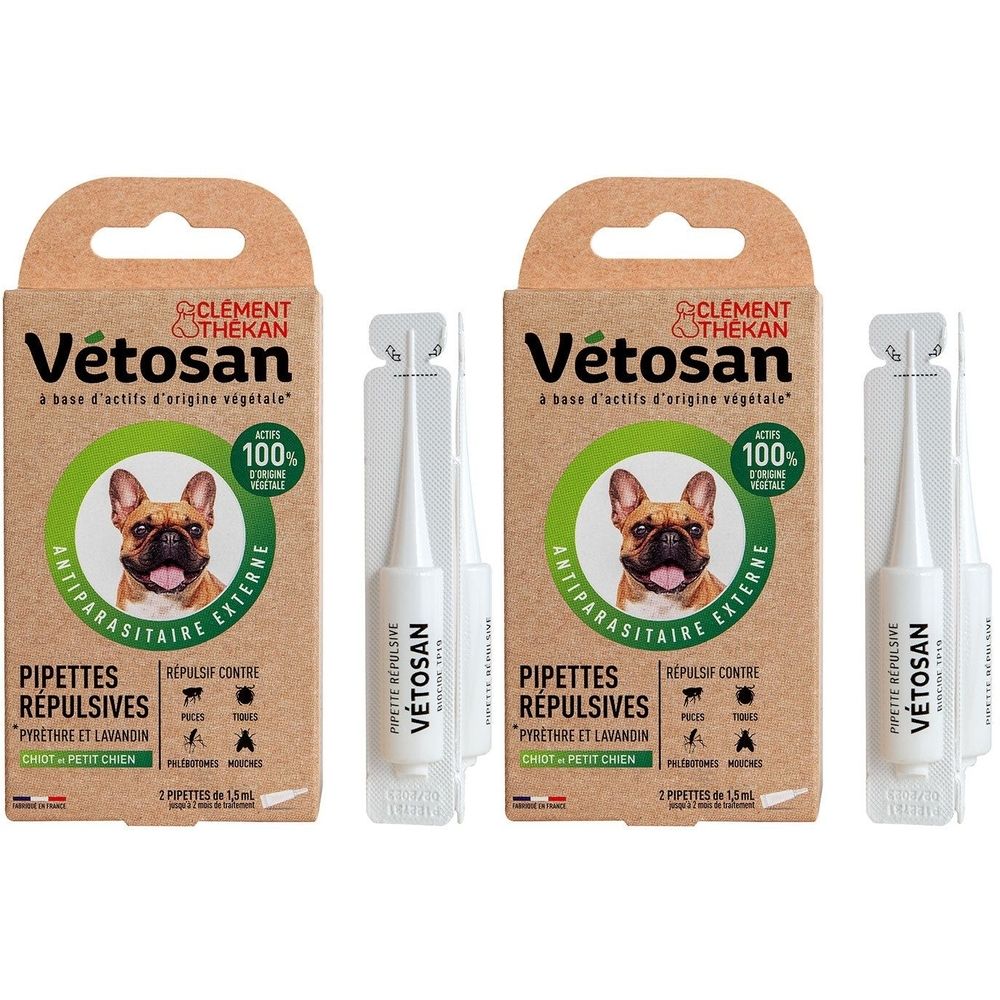 Deux boîtes de pipettes Clement Thekan Vétosan. Boîtes marron avec pipettes. Inscriptions : Vétosan, Antiparasitaire externe, Chiot petit chien.