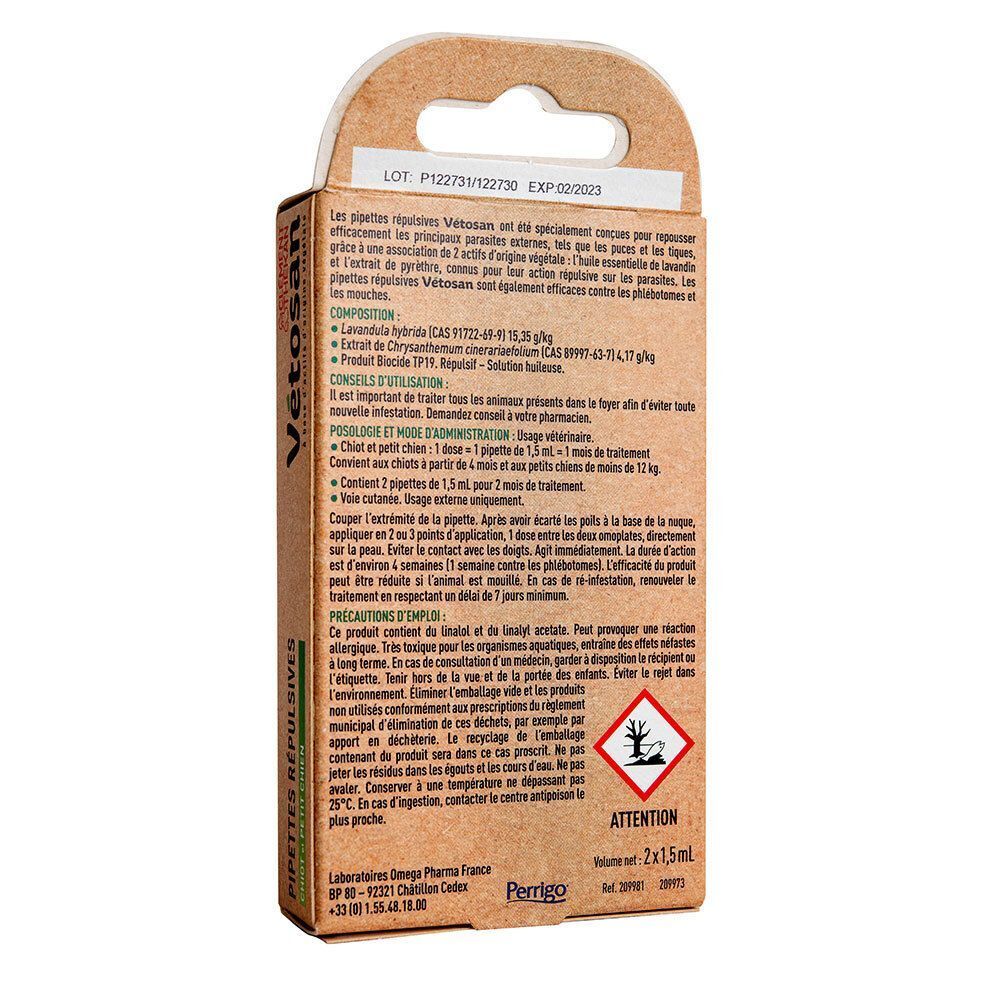 Arrière d'une boîte de pipettes antiparasitaires pour chiots et petits chiens. Contient des instructions d'utilisation et les ingrédients.