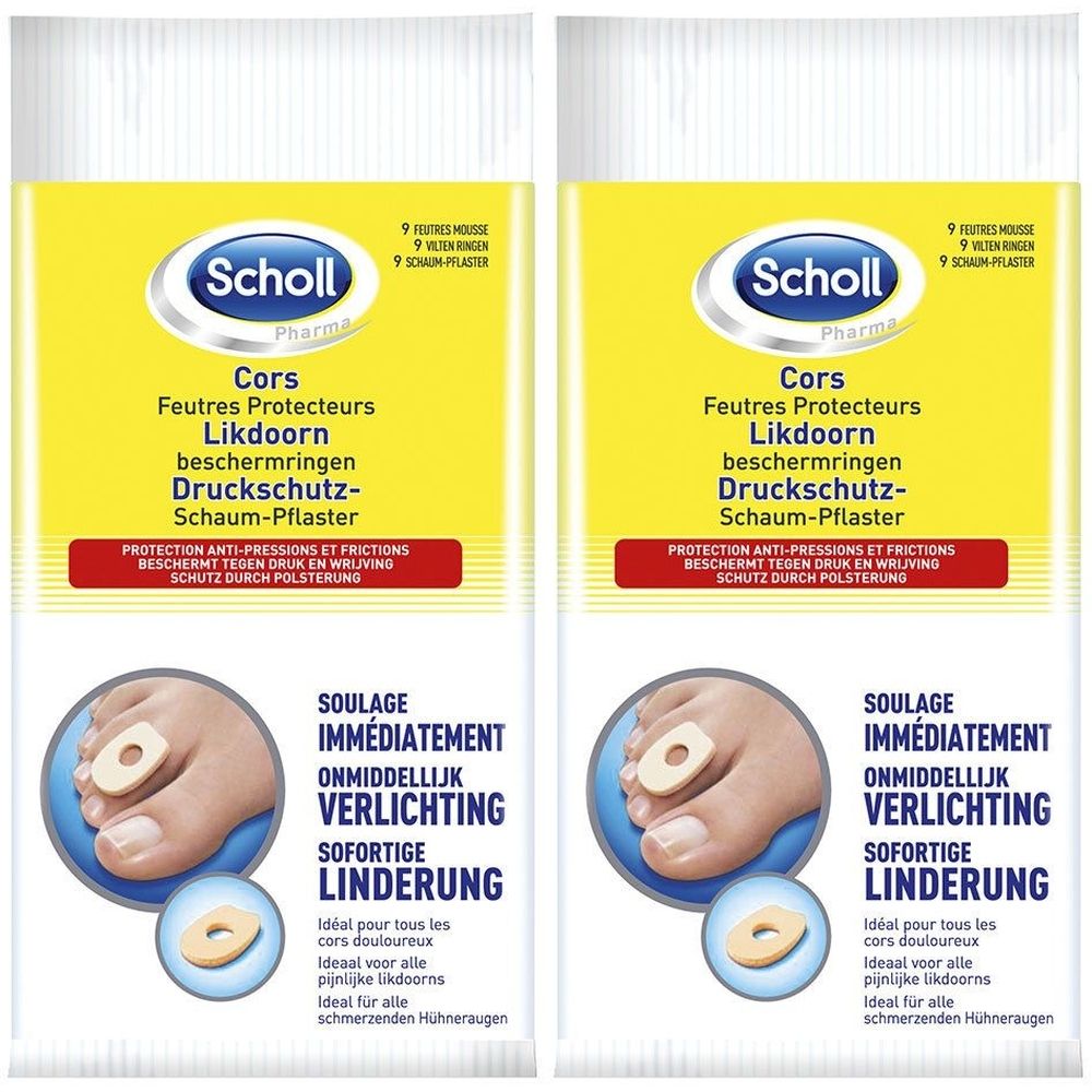 Deux paquets de Scholl® Cors Feutres Protecteurs. Emballage jaune avec nom du produit et illustration de pied.