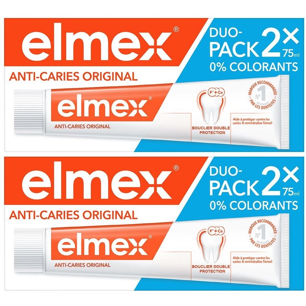 Deux tubes de dentifrice Elmex en duo-pack. Tubes orange et blancs. Emballage bleu avec texte et logo.