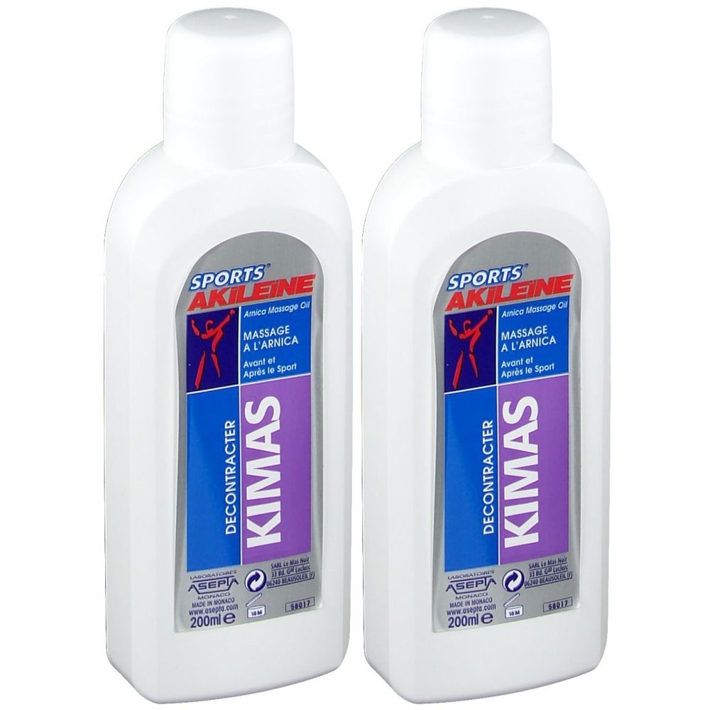 Deux flacons blancs avec étiquettes. Inscription : SPORTS AKILEINE, KIMAS, huile de massage à l'arnica. 200ml.